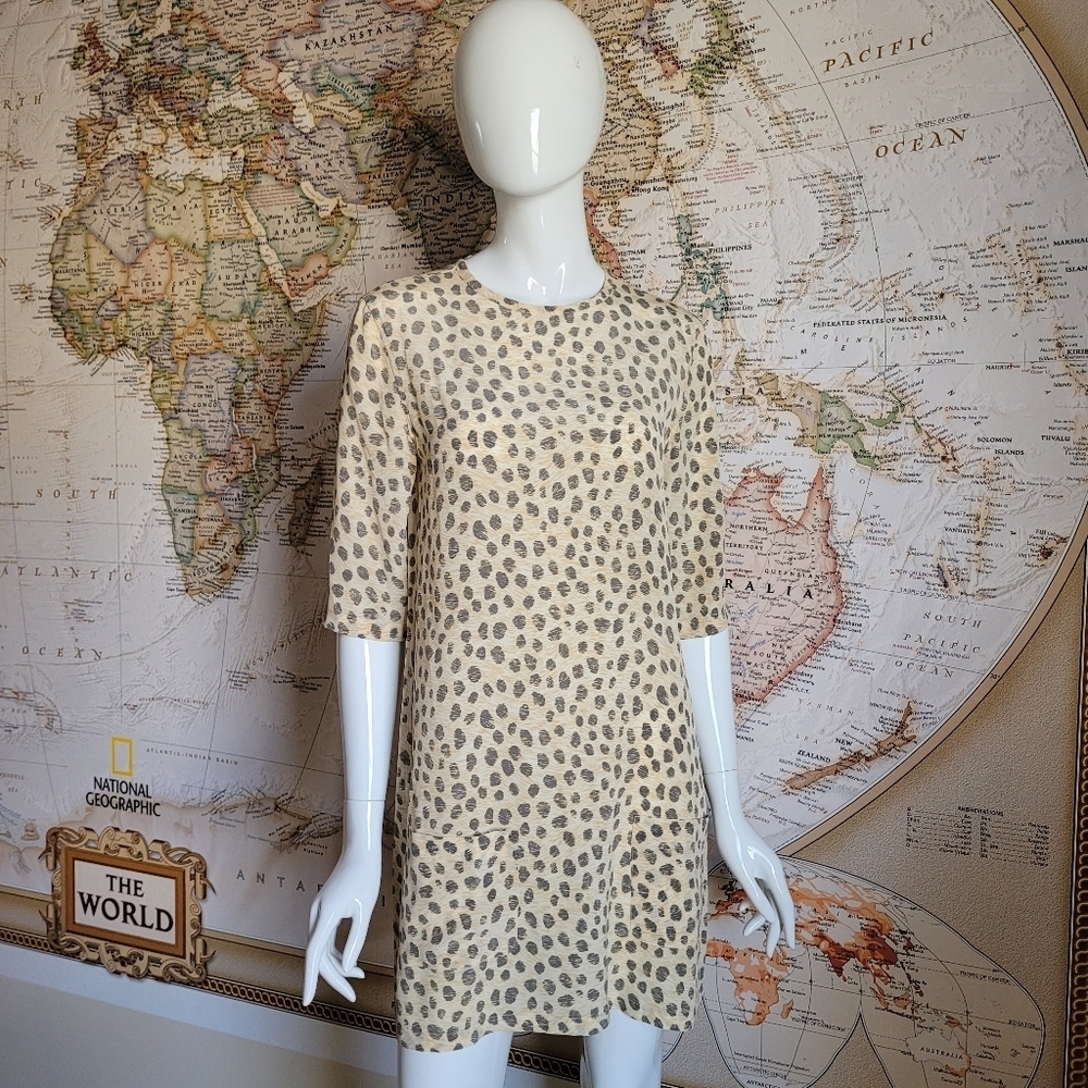 Equipment Femme Aubrey pale yellow silk dress gray dots pockets abstract edgy XS